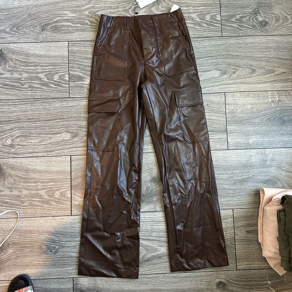 Brown Zara Faux Leather Cargo Pants